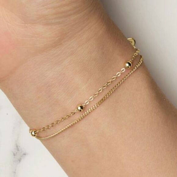 Yellow Gold Sterling Silver Bracelet Plated 3mm 2 Layer Chain 7.5in 925 - Picture 3 of 11